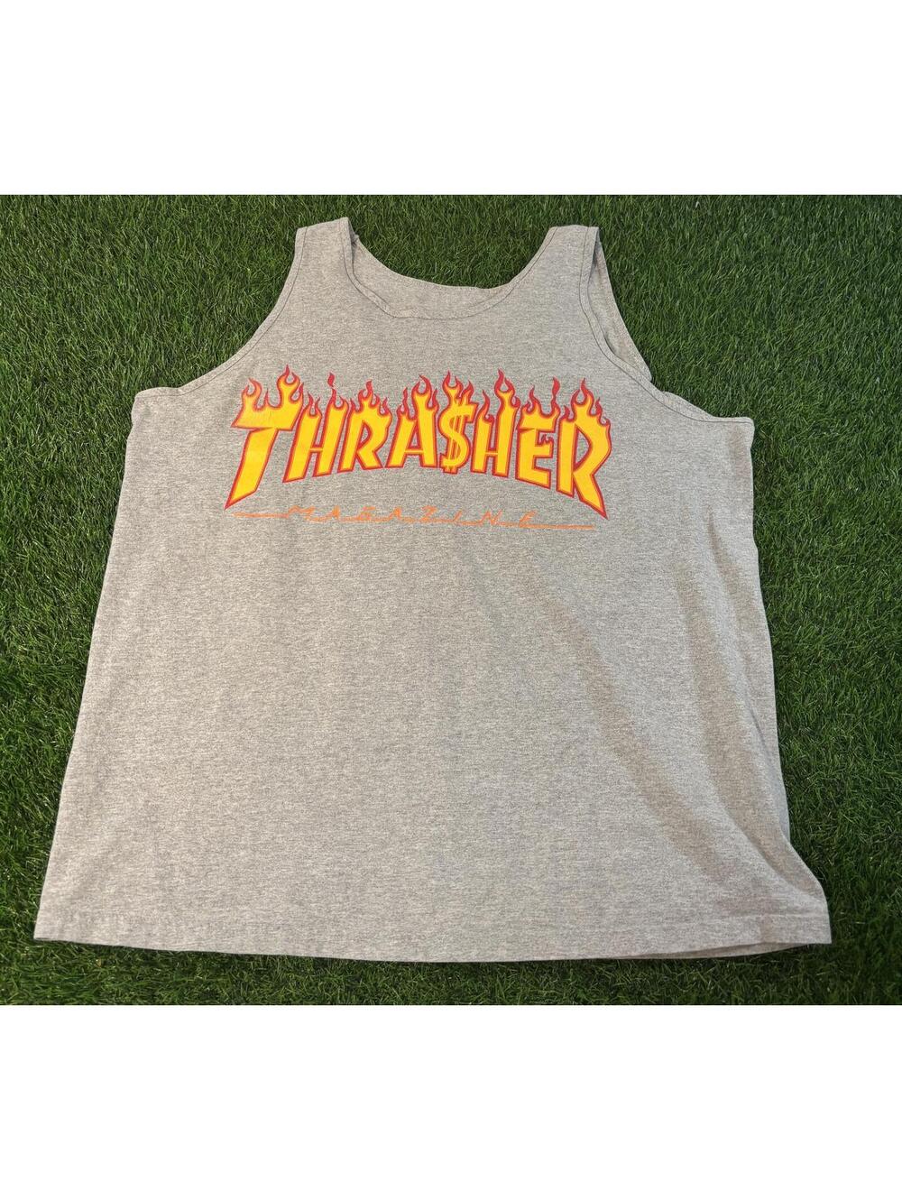 Baggy Vintage Bootleg Thra$her Magazine Flame Logo Gray Tank Top Mens XL